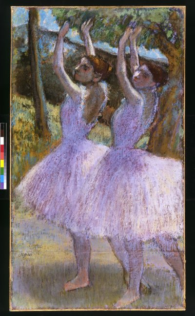 Dancers in violet dresses, arms raised by Edgar Degas